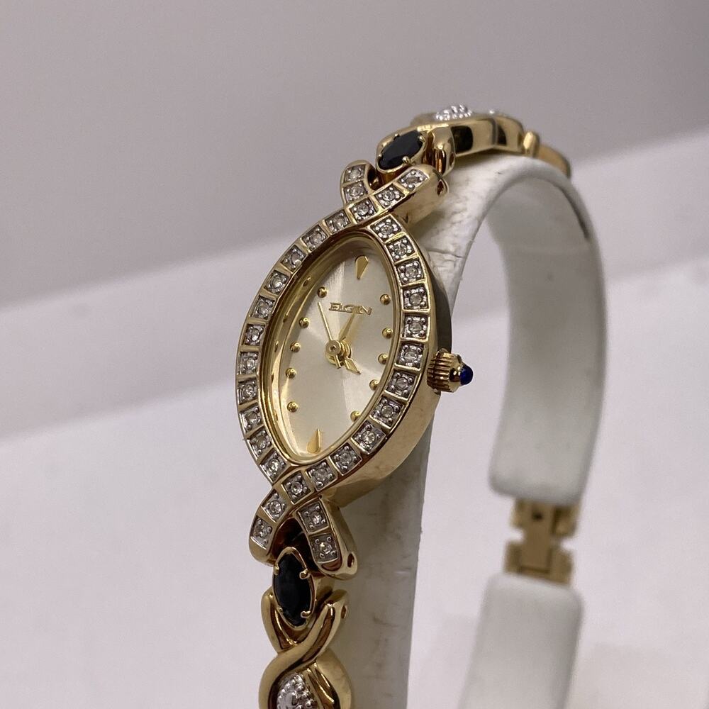 Elgin Womens Gold Tone Gem Watch Works New Battery